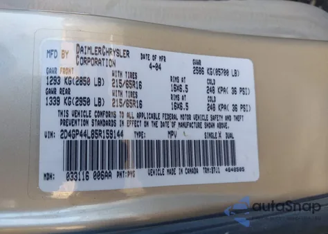 2005 Dodge Grand Caravan Sxt z USA, uszkodzony, nr VIN 2D4GP44L85R159144